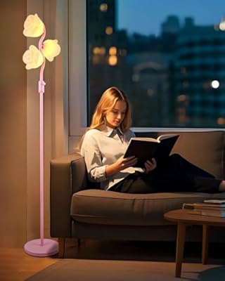 Pfeilzieher Dimmable Pink Floor Lamp with 3 Globe Bulbs, Cute Flower Standing Floor Lamp with Stepless Dimmer, Mid Century Modern Decorative Tall Lamp for Living Room Bedroom Girls Room Home Decor