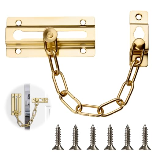 Lueden Door Chain Lock Heavy Duty Safety Chain Lock Polished Brass Internal Door Restrictor Security Latch Chain Lock Sliding Bolt for Front Door Home Hotel Bedroom Apartment Living Motel, Golden