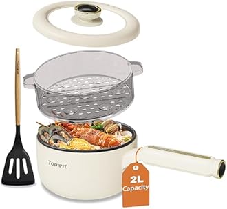 TOPWIT Hot Pot Electric with Steamer, 2L Multifunctional Electric Pot, Non-Stick Sauté Pan, Portable Cooker for Steak, Ramen, Soup with Dual Power Control (Silicone Spatula Included), Beige