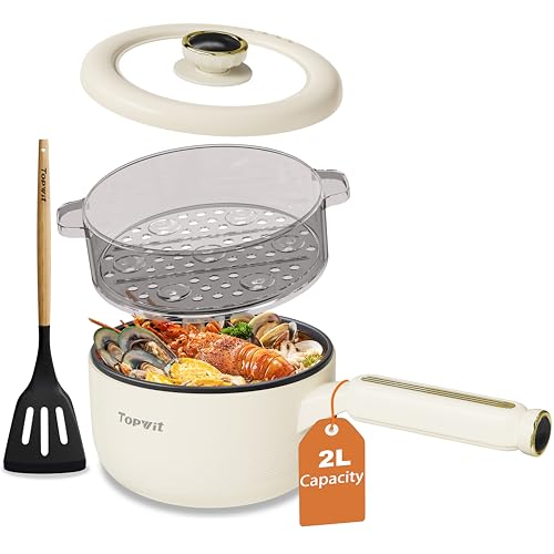 TOPWIT Hot Pot Electric with Steamer, 2L Multifunctional Electric Pot, Non-Stick Sauté Pan, Portable Pot for Steak, Fried Rice, Ramen, Soup with Dual Power Control (Silicone Spatula Included), Beige