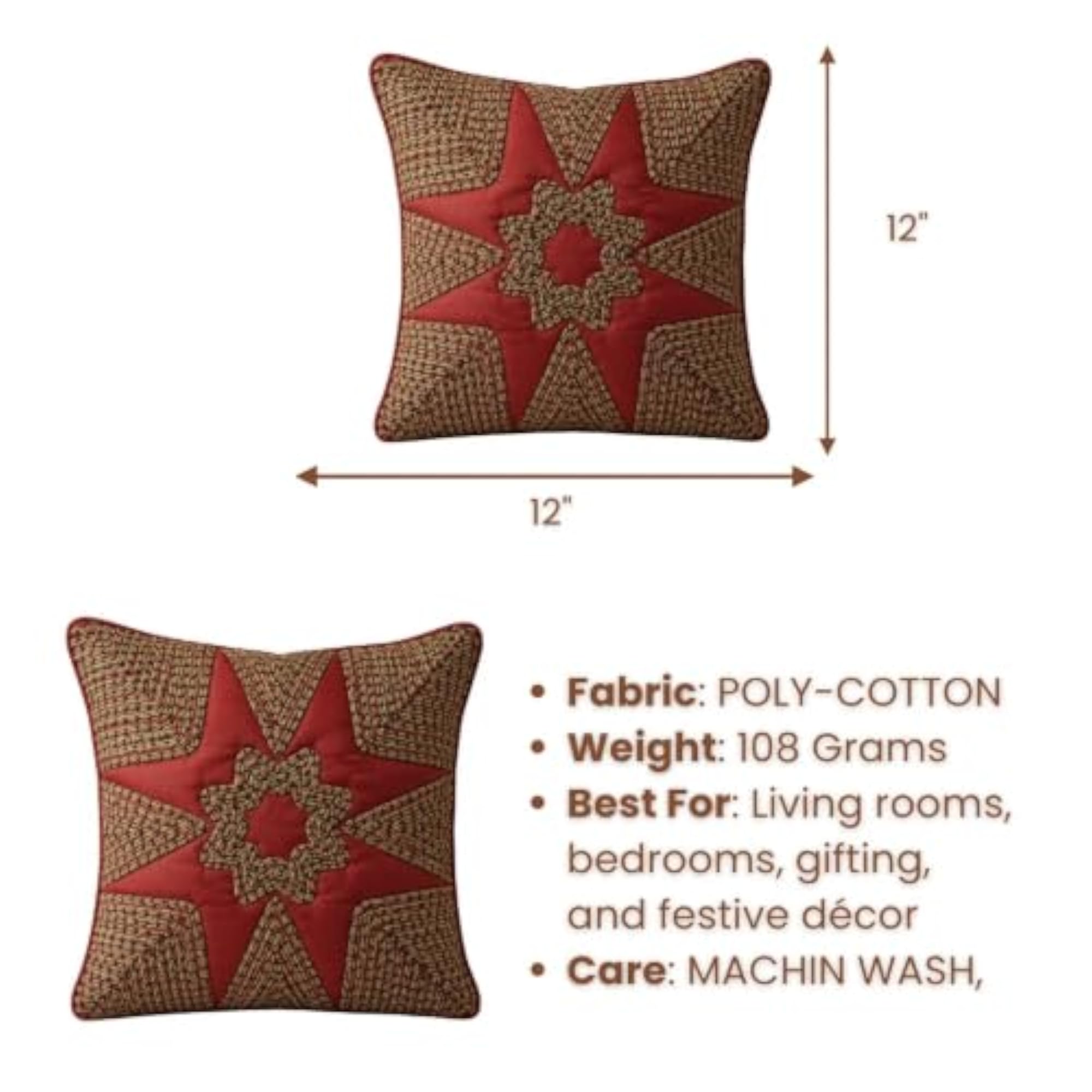 Geometric Star Patchwork Embroidery Cushion Cover, Red