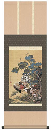 【干支掛軸】【動植綵絵掛軸】干支の掛軸・鳳凰・鶴・鶏 ■伊藤若冲 尺三掛軸 (紫陽花双鶏図)