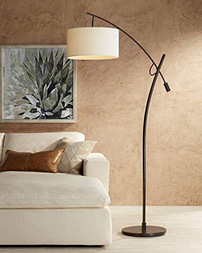 Raymond Modern Arched Floor Lamp Standing 69" Tall Bronze Brown Metal Slim Profile Off-White Linen Drum Shade Adjustable Boom Arm for Living Room Reading House Family Bedroom - Possini Euro Design