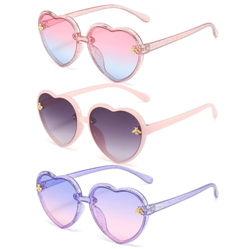 FBHLZ 3 Pack Girls heart Shaped Sunglasses UV 400 Protection Kids Love Heart Sunglasses Outdoor Beach Holiday Age 3-10 Years