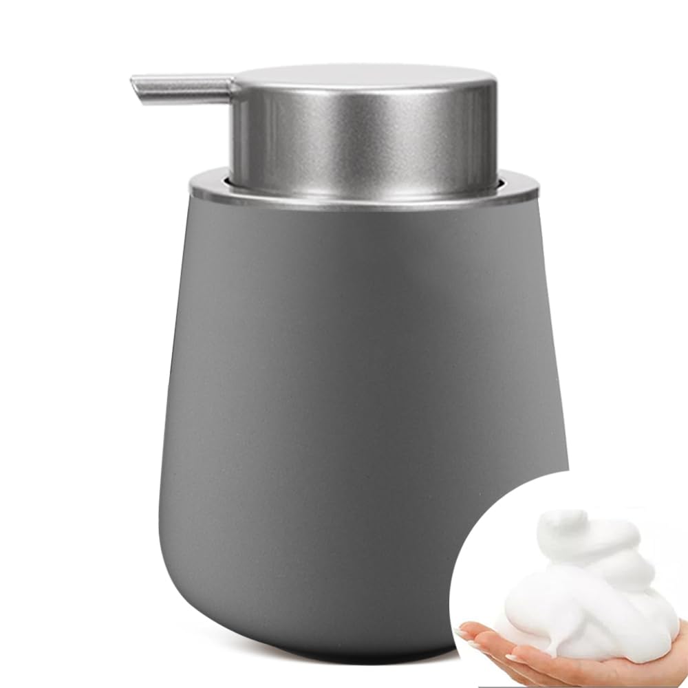 Foaming Hand Soap Dispenser, 13.5 Oz Ceramic Bathroom Foam with Silver Pump, Refillable Lotion, Dish for Kitchen (Grey)