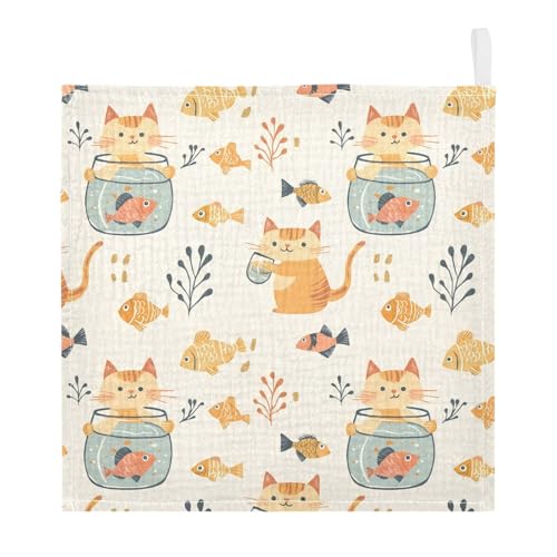 Image of vvfelixl Cat Watch Fish Tank Baby Burp Cloths Baby Muslin Washcloths for Boys Girls Cotton Babys Face Towel for Newborn Infants Soft and Absorbent 11.8 X 11.8 in, 5 Pack