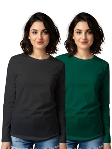 Image of JUNEBERRY Cotton Round Neck Regular Fit Solid Core Full Sleeve T-Shirt Combo for Women & Girls (Pack of 2) (Available Colors: Black, White, Navy, Green,Swanwhite & Cork)
