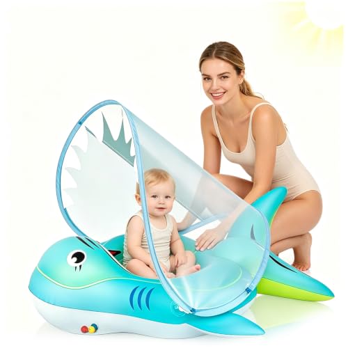 Galleggiante neonati 3-12 mesi a forma di squalo blu con sedile, baldacchino parasole e design anticapovolgimento per piscina