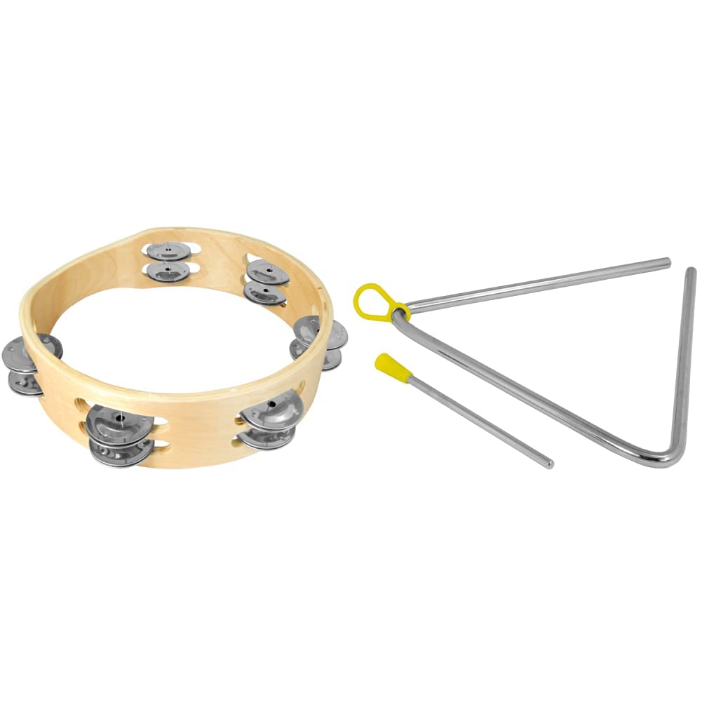 TigerTAM84-08 8" Tambourine - Headless Double Row - Natural & TRI14-MT 8" Triangle Instrument with Beater