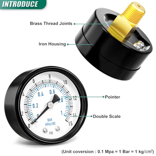 Image of 0-15PSI Well Pump Pressure Gauge 2 inch Dial Size, 1 /4 inch NPT Back Mount, 3-2-3% Accuracy, for Tube, Water Pump, Gas, Liquid, Pressure Test