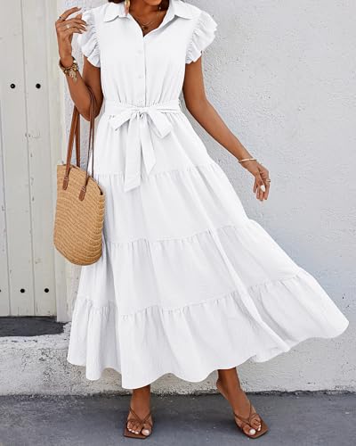dowerme Women Summer Dress Trendy Ruffle Sleeve Button V Neck Belted Pleated Tiered Loose Boho Flowy Shirt Dresses 2025(White,Large) — view 3