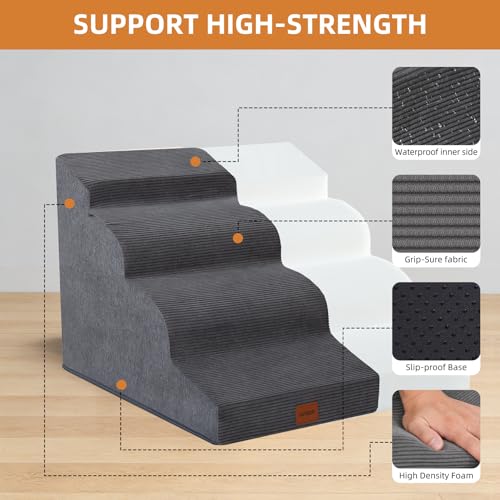 NAPWAYS Dog Stairs for Small Dogs and Cats, 19.7" H, 4-Step Curved Pet Ramp for Beds or Couches, Non-Slip Medium Pet Steps with High Density Foam, Grey by NAPWAYS - Used condition - Image 4