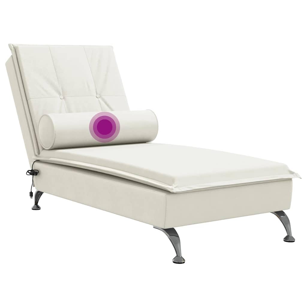 Chaise Longue Massaggiante in Velluto Crema con Cuscino cervicale, 1 Punto Massaggio, Gambe in Metallo Cromato, 136,5 x 56 x 75 cm, per Soggiorno Camera da Letto per rilassarsi e leggere