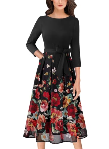 Image of VFSHOW Womens Work Business Casual Church Pockets Belted A-Line Midi Dress