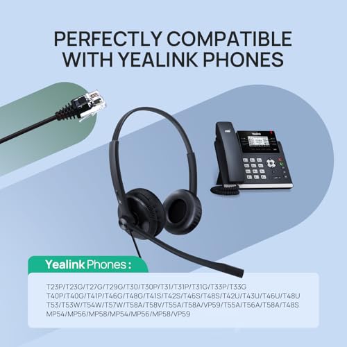 Image of Yealink Phone Headsets for Office Phones YHS34 QD to RJ9 Wired Headset | Leather ear pads,Compatible with Poly Snom Phones Desk Landline Headset with Microphone -Dual /129g /2.1m Cable