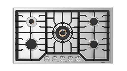ROBAM G515 36” Gas Cooktop Stove with 5 Italian-Made DEFENDI Burners (Pure Copper) | 20,000 BTU w/Flame Failure System, Matte Cast Iron Grates (Including Wok Grate) | Natural Gas Or LPG