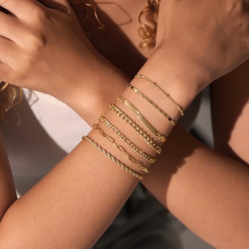 Gold Bracelets for Women, 14K Gold Plated Dainty Layered Cuban Link Paperclip Chain Herribone Bracelets Cute Stackable Gold Chain Bracelet Set for Women Trendy Jewelry Gifts3
