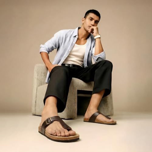 Image of YOHO Sandals for Men | Leather Thong Sandals with Cork Footbed for Daily Wear- SDL