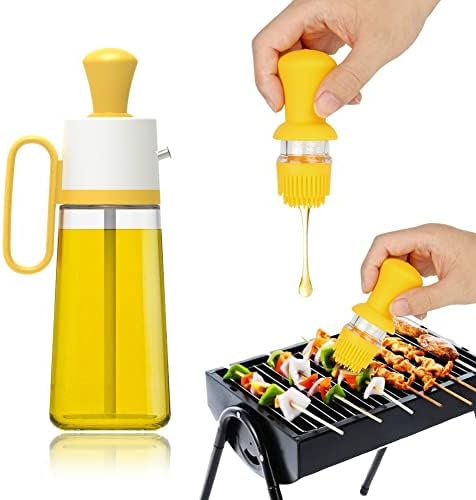 LIRANK 2 in 1 Oil Dispenser Bottle with Stainless Steel Spout and Silicone Brush, Oil Measuring Dropper, Oil Dispensing Glass Bottle for Kitchen Cooking, Baking, BBQ, Air Fryer (Yellow)