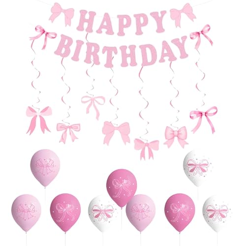 10Pcs Pink Birthday Decorations Happy Birthday Banners Pink Bow Balloons Party Decorations Suitable for Women the Novel Design that Will Make your Party More Eye Catching