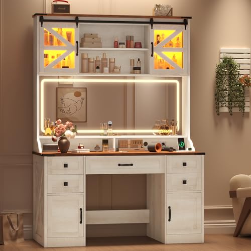 75.2" Farmhouse Makeup Vanity Desk with Large Lighted Mirror and Sliding RGB Cabinets, Large Vanity Table with Charging Station & 5 Drawers & Barn Doors, Tall Makeup Desk with Storage Shelves