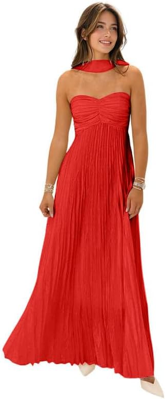 Womens Chiffon Bridesmaid Dresses with Scarf Long Strapless Prom Dresses 2025 Pleated Wedding Guest Dress B21