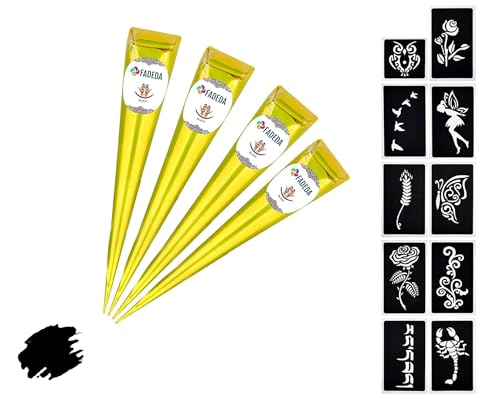 4 coni di henné FADEDA | 4 x 25 g pasta naturale | nero | 10 diversi stencil | 100% vegetale | pronto all'uso e senza PPD
