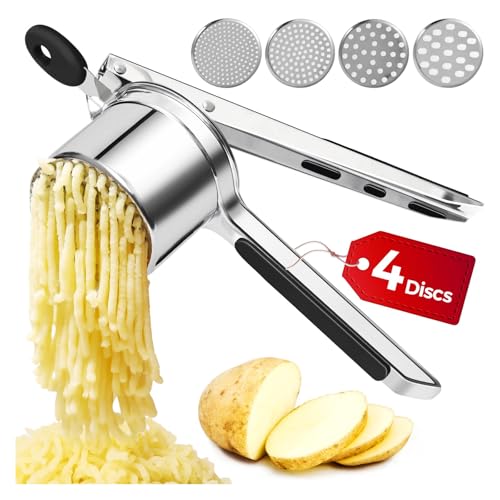 Kartoffelstampfer Edelstahl, Kartoffelpresse mit 4 Auswechselbaren Schneidplatten, zur Herstellung v