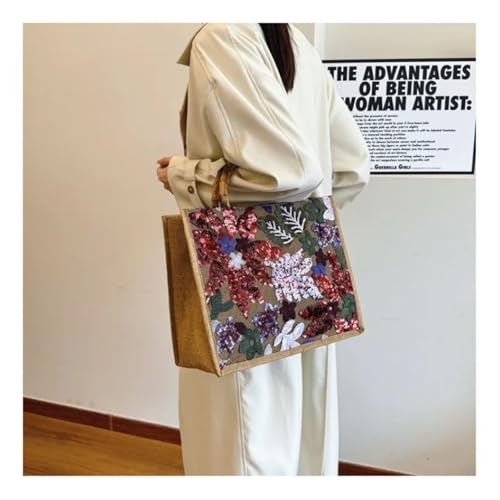 Sequins Embroidery Tote Bag Vintage Bamboo Handle Women Handbags Casual Linen Summer Beach Large Capacity Shopper Purse4