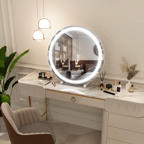 Fennio 18 Inch Large Vanity Mirror With Lights, Round Led Lighted Up Makeup Mirror, Large Makeup Mirror With Lights, Touch Screen With 3-Color Lighting Dimmable, For Vanity Desk Tabletop, Bedroom #TOP4