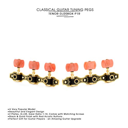 DJ208GK-P1R TENOR Classical Guitar Tuners, Tuning Key Pegs/Machine Heads for Classical or Flamenco Guitar with Black and Gold Plated Finish and Red Buttons. - Thumbnail 4