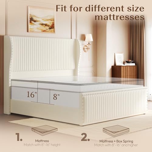 Belffin Queen Bed Frame with 55.1" Tall Headboard, Upholstered Soft Velvet Platform Bed with Nailhead Trim Wingback Design, Strong Wooden Slats, No Box Spring Needed, Noise-Free, Easy Assembly, White — view 4