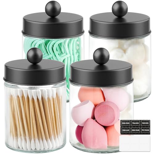 Goramio 4 Pack Glass Apothecary Jars with Lids for Bathroom, Cute Qtip Holder, Black Bathroom Accessories Set, Small Bathroom Canisters with Lids for Q-Tips, Cotton Swabs, Black Bathhouses Decor