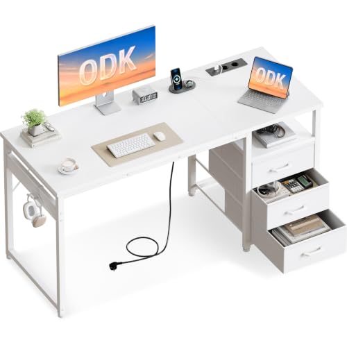 ODK Bureau avec 3 Tiroirs en Tissu, 120 x 48 cm, Blanc