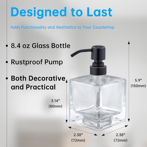 Image of Square Bathroom Soap Dispenser Oil Rubbed Bronze, Glass Bottles with Stainless Steel Pump Retangle Cube Liquid Soap Dispenser Hand Kitchen with Waterproof Lables