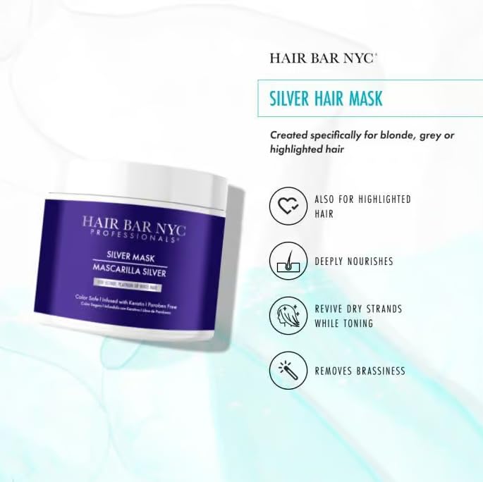 Hair Bar NYC Silver Mask, 16.9oz / 500ml - Triple Power Toning Purple Hair Mask for Blonde, Silver & Platinum Hair - Infused with Keratin & Biotin