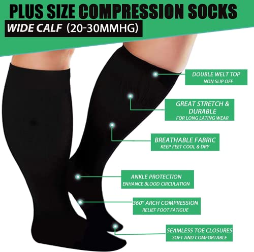 Image of 4 Pairs Plus Size Compression Socks for Women and Men 20-30 mmHg, Wide Calf Stockings Best Support for Circulation, Running