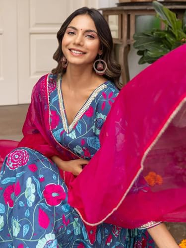 Tee Projekt Women's Cotton Blend V-Neck Anarkali Kurta Pant With Dupatta Set