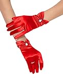 QRBTSCL Women's Short Satin Gloves for Wedding Wrist Short Evening Party Dressy Bridal Satin Gloves with Pearl Red