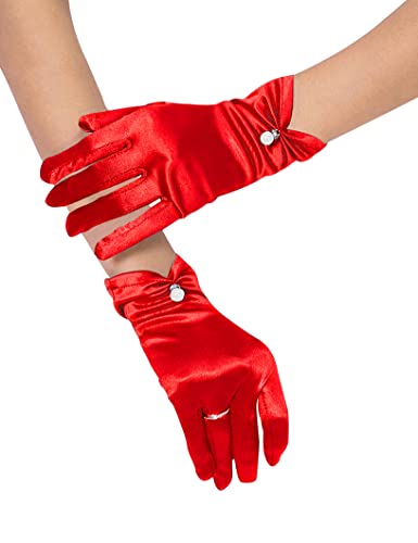 QRBTSCL Women's Short Satin Gloves for Wedding Wrist Short Evening Party Dressy Bridal Satin Gloves with Pearl Red