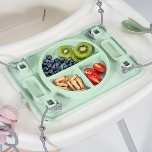 Strong Suction Baby Placemat, STARTURFLYU Silicone Toddler Plate with 4 Toy Straps & Anti-Peel Design, Dishwasher Safe Travel-Friendly Sensory Mat for High Chair, Airplane, Baby Led Weaning (Green)