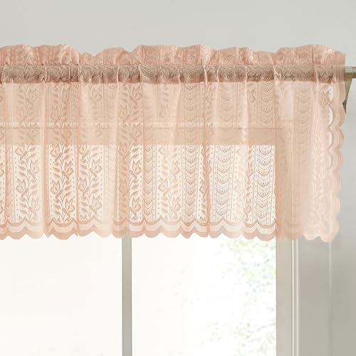 Sophia Pink Lace Valance Curtains, Sheer Topper for Kitchen, 54x18 inch