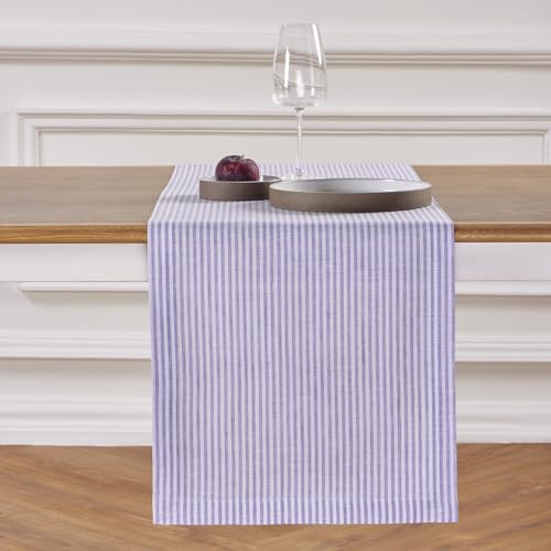 Solino Home 100% Linen Table Runner, 14 x 90 in, Lavender and White Striped
