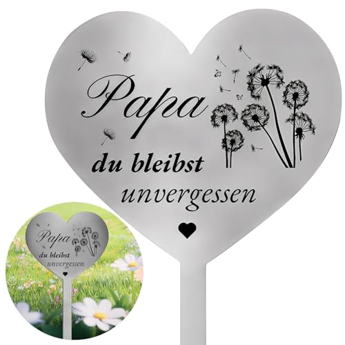 agctrler Herz Grabschmuck Wetterfest, Grabstecker Edelstahl, Grabdekoration mit Spruch Papa du bleibst unvergessen und Löwenzahn Design, Ewige Erinnerung für Friedhöfe und Gedenkstätten (B)