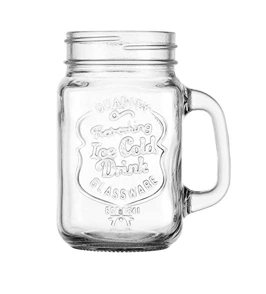 Image of SAVE Mason Jar With Stainless Steel Straw And Handle And 2 Lids | 1 Lid With Hole And 1 Without Hole | Stylish Embossing Design | 450 Ml | Multicolour Lid With Hole (Bent Straw, Clear)