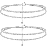 YYCSREY Tobillera brillante de doble capa delicada chapada en oro y plata a prueba de agua, conjunto de tobilleras de diamantes de imitación con cadena apilable para mujer (2 piezas de plata)