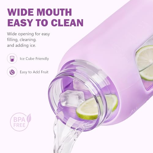 Image of 24 oz Glass Water Bottle with Straw - 2 Lids (Bamboo & Spout Lid), Motivational Borosilicate Glass Daily Water Intake Bottle with Time Marker, Silicone Sleeve for Gym Home Office-Purple