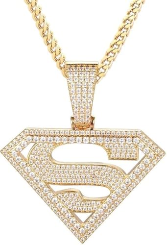 14K/White Gold Plated Diamond Shape Cubic Zirconia Superhero Pendant Necklace Hip Hop Full Iced CZ Out Pendant With 24'' Stainless Steel Franco Chain For Men Women