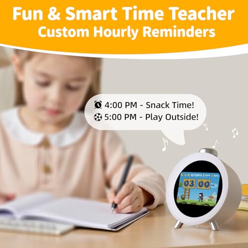 Dekala Kinderwecker Rundes Gehäuse mit IPS-Display, Temperatur- & Feuchtigkeitssensor, Interaktiven Themen, Schlafgeräuschen, Personalisierbaren Alarmen für Jungen und Mädchen