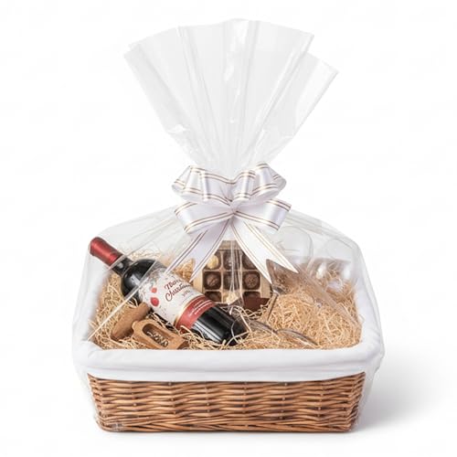 H-LINE MEDIUM Make Create Your Own Gift Hamper Kit - Natural Wicker Storage Basket Cellophane Wood Shred Bow Set - Ideal for Christmas Easter Christening Wedding Baby Shower or Birthday Gift